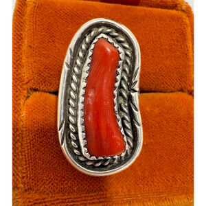 Vintage Native American Red Coral Branch Ring Sterling Silver Southwest Sz 6.5